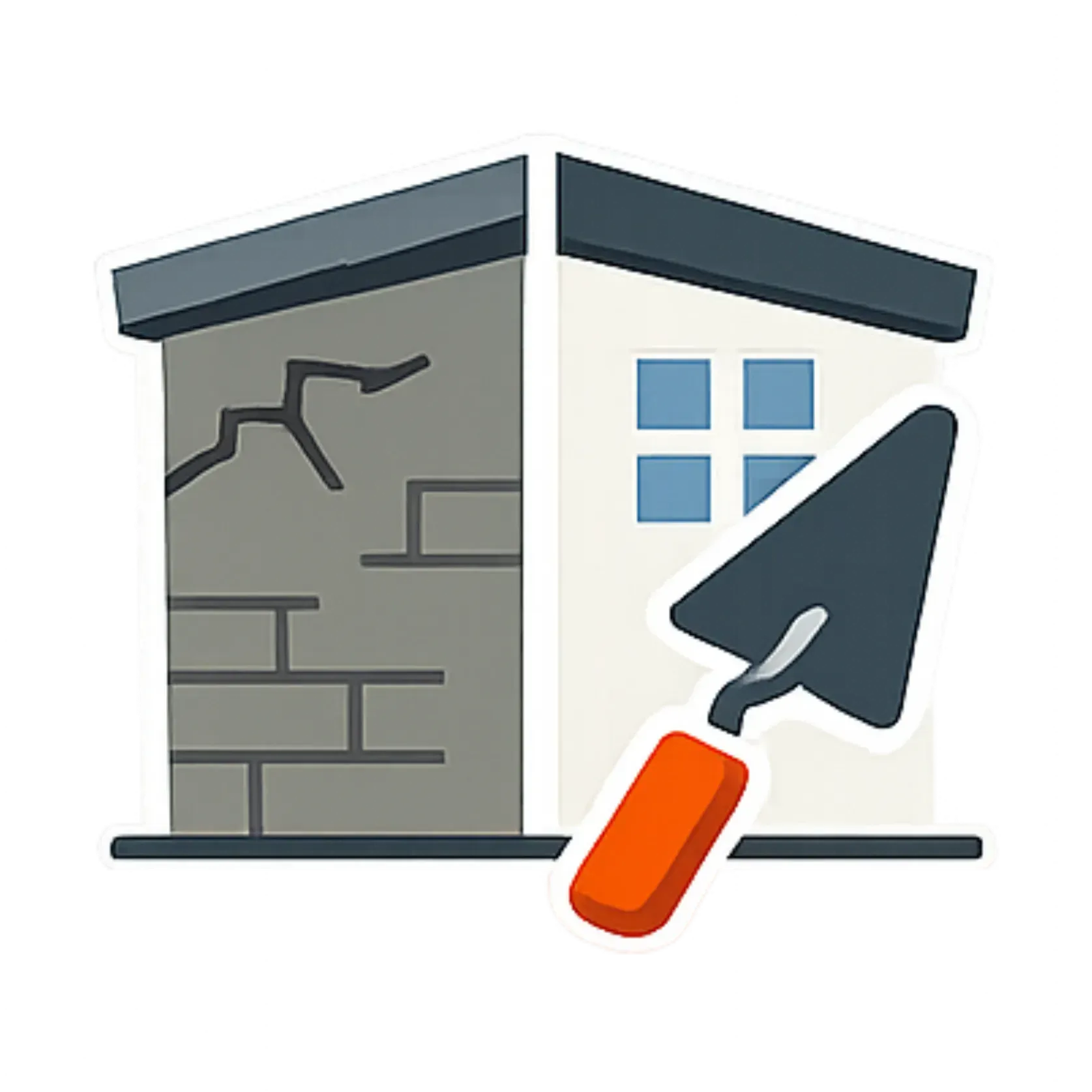 Une maison en briques, à moitié endommagée, à moitié réparée, avec une truelle au premier plan symbolisant la rénovation et la construction.