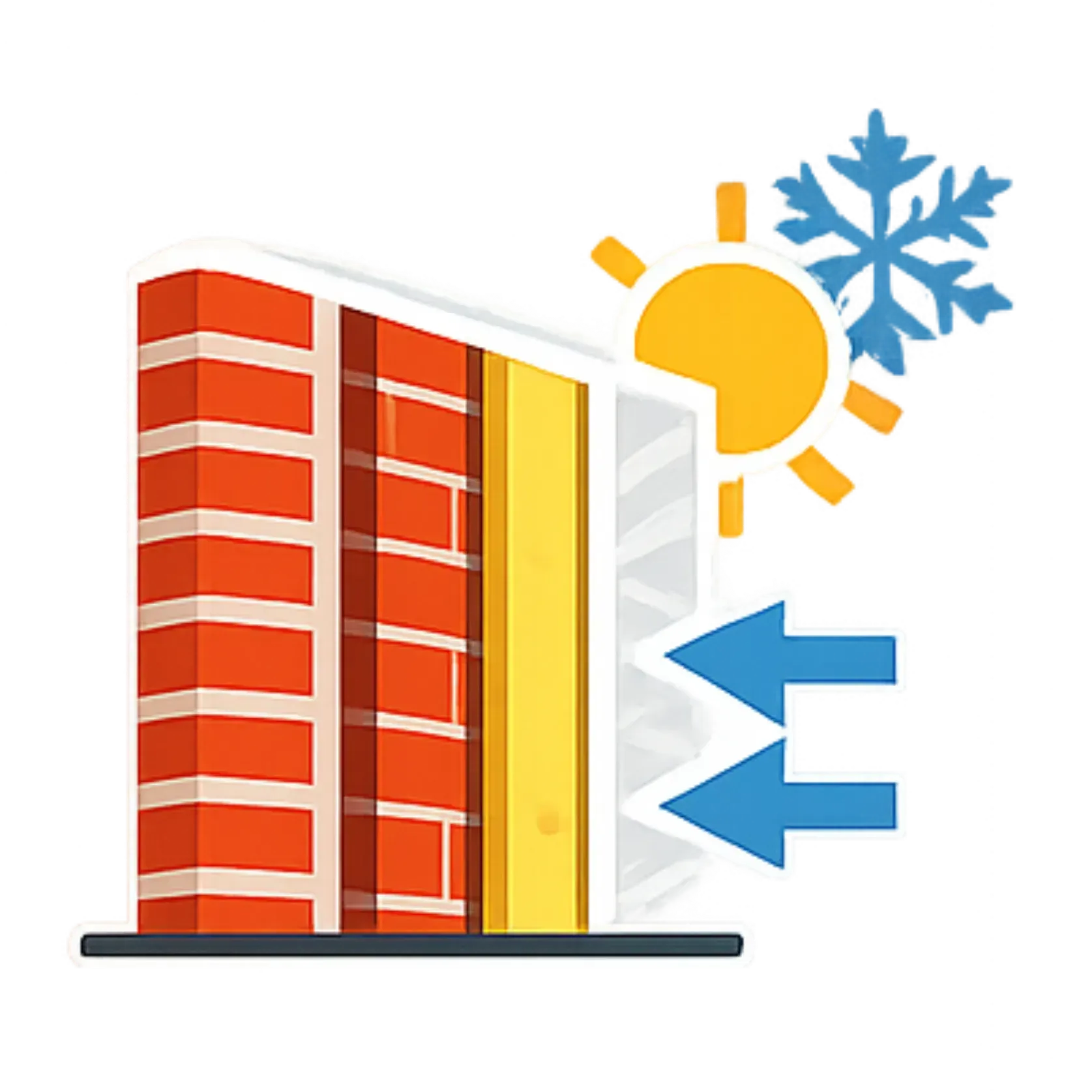 Schéma en coupe d'un mur isolé montrant les différentes couches, un soleil, un flocon de neige et des flèches bleues représentant le flux de chaleur.