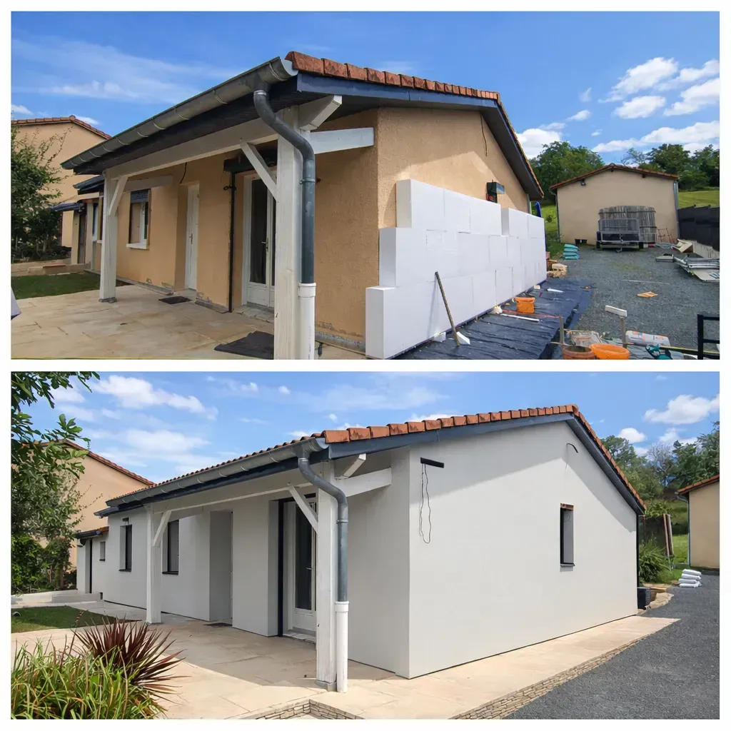 Comparaison avant/après de la rénovation extérieure d'une maison, montrant la pose puis la finition des panneaux d'isolation blancs.