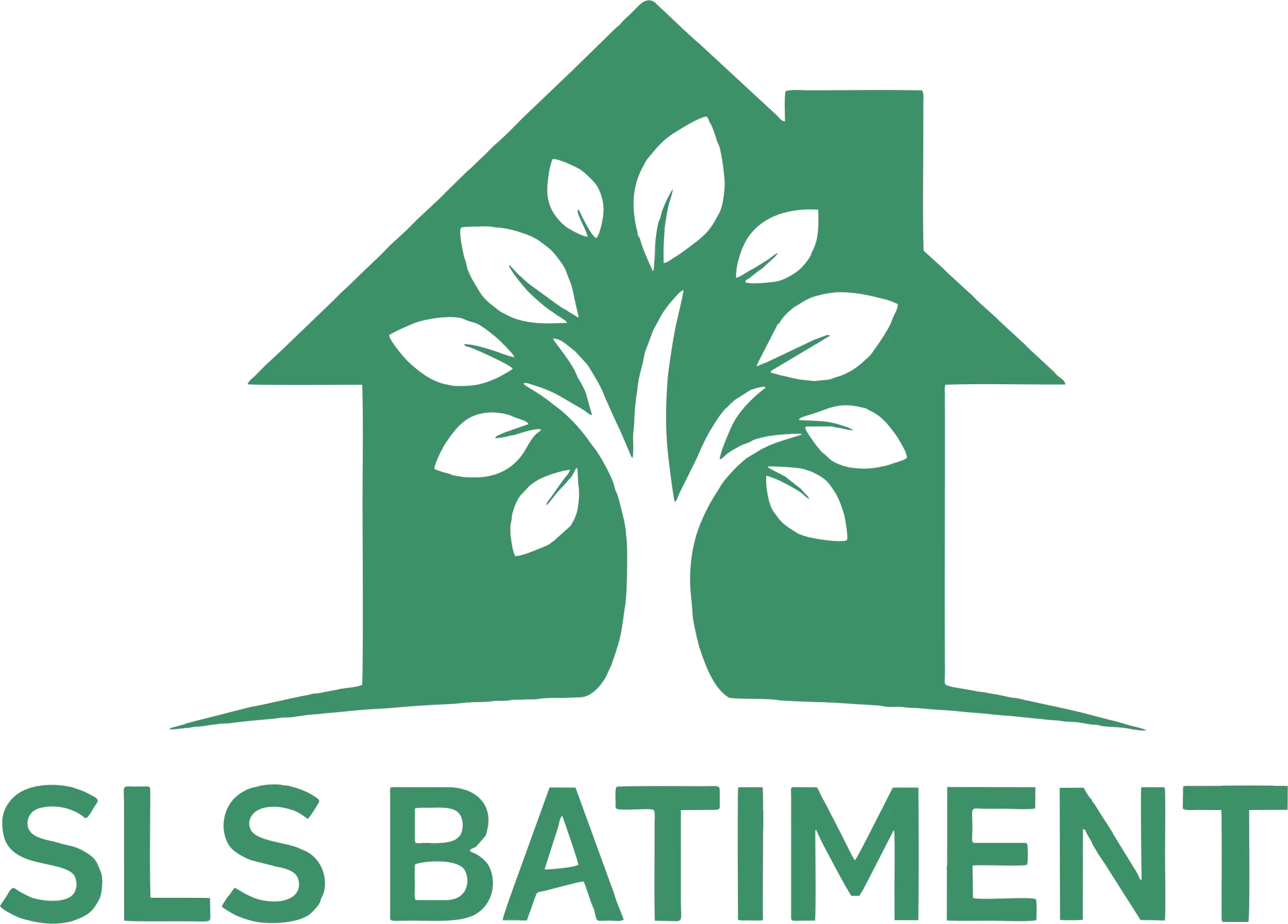 Logo vert repr&eacute;sentant le contour d'une maison contenant un arbre, au-dessus du texte &laquo;SLS BATIMENT&raquo;.