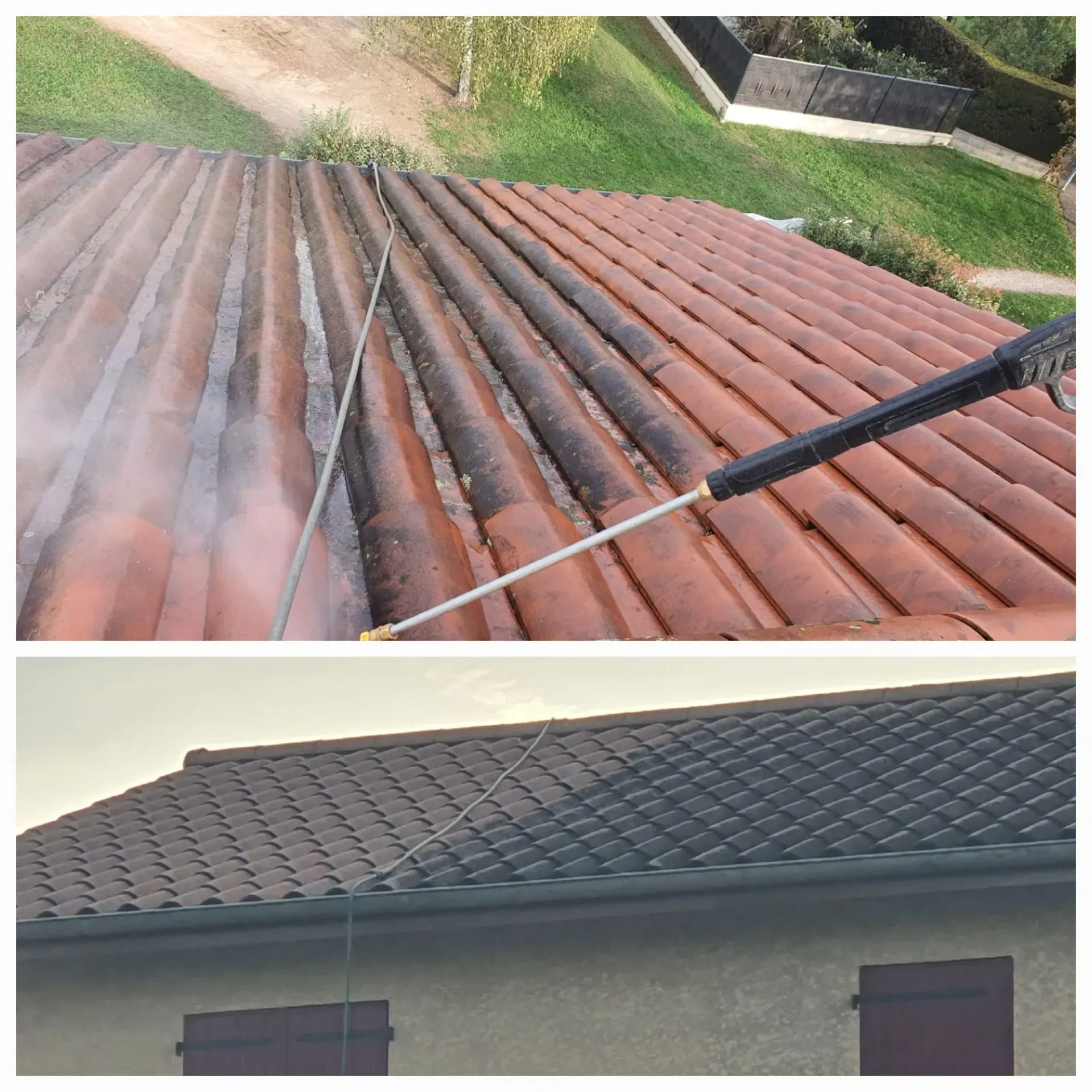 Une image en deux parties montrant un toit de tuiles orange sale nettoyé au nettoyeur haute pression, contrastant avec un toit de tuiles foncées propre.
