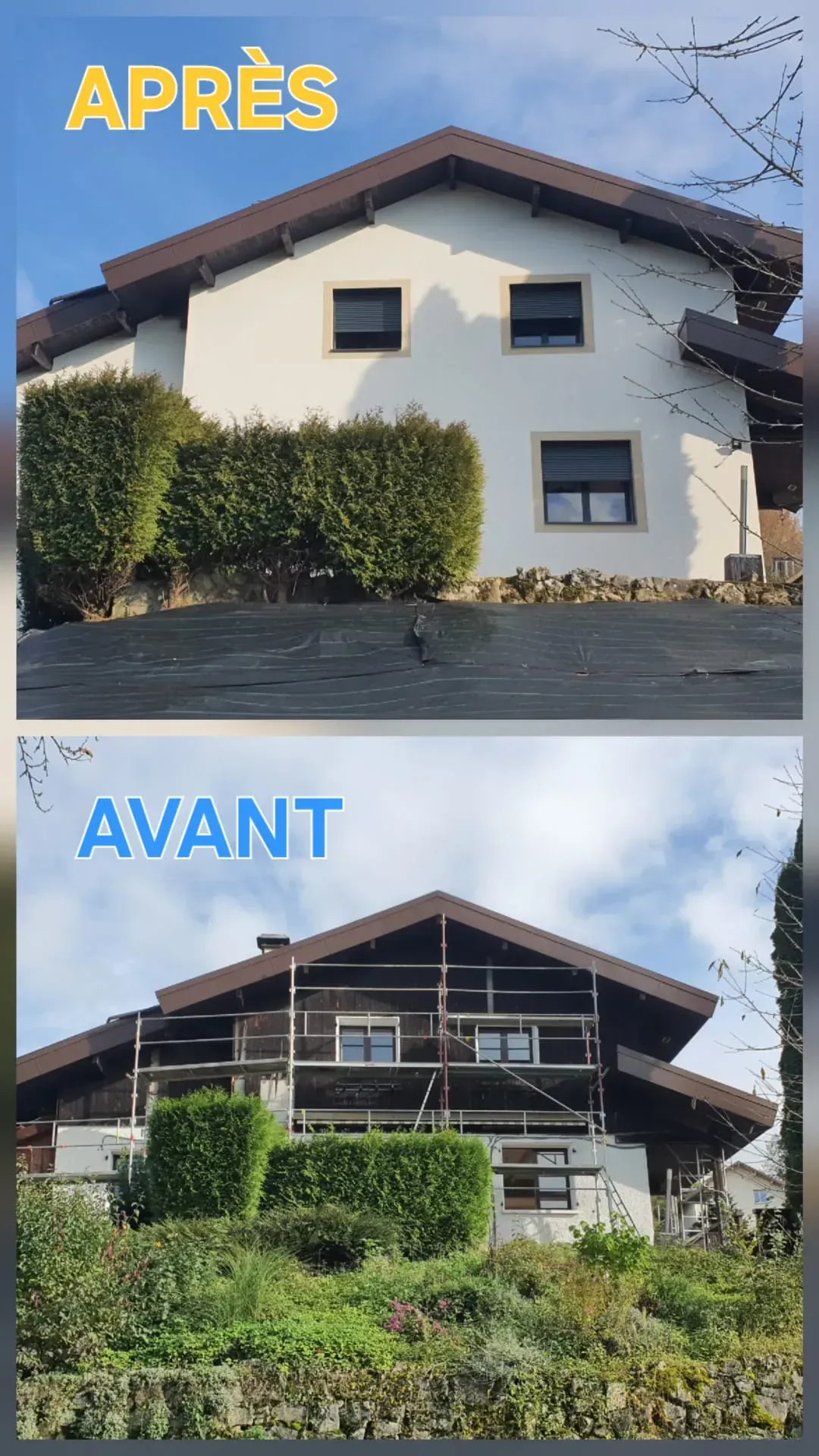 Comparaison avant et après rénovation de l'extérieur d'une maison, montrant le remplacement du bardage en bois foncé par des murs en stuc blanc.