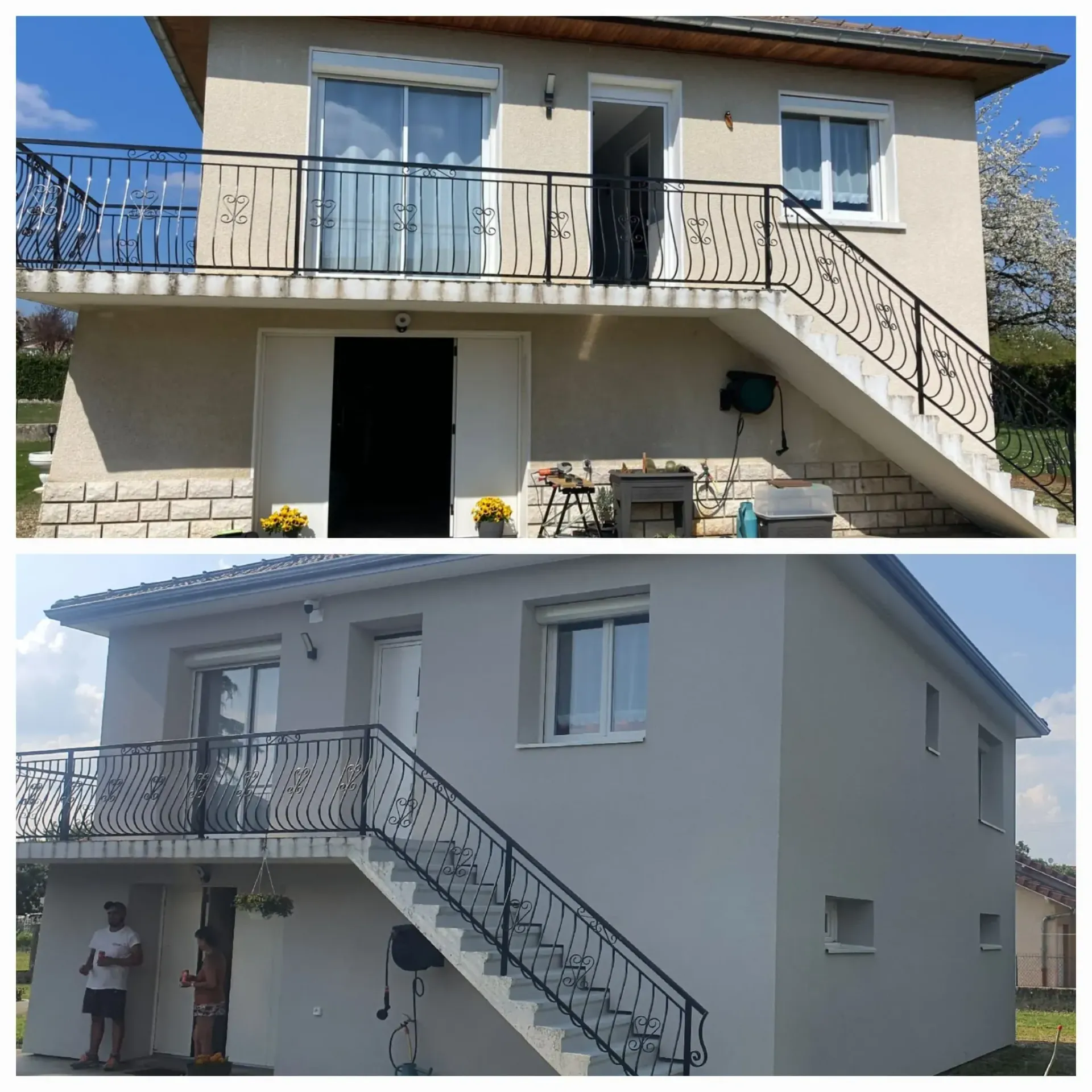 Deux photos montrant une comparaison avant-après de l'extérieur d'une maison à deux étages après l'application d'une nouvelle couche de peinture grise.