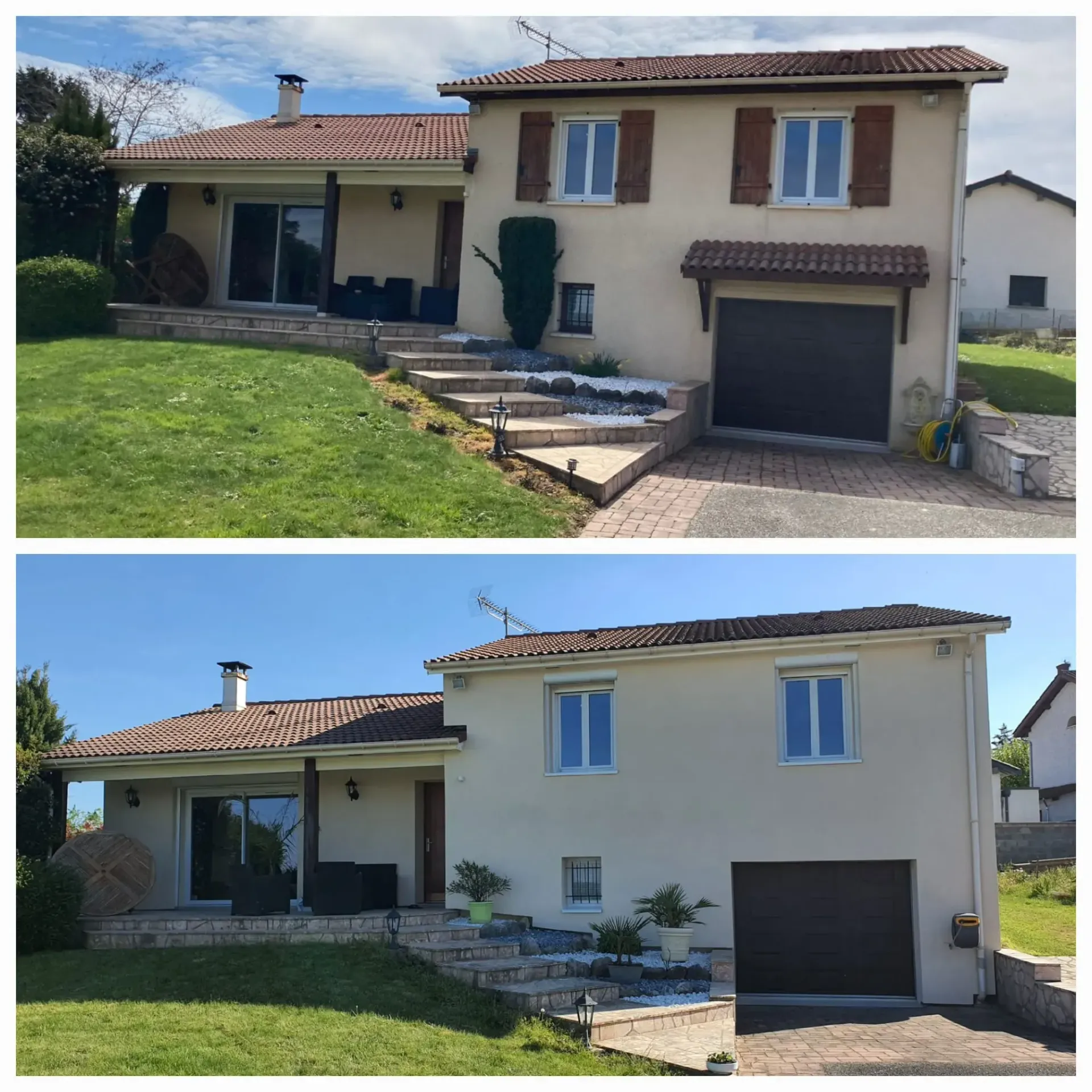 Photos avant-après de l'extérieur d'une maison montrant le retrait des volets en bois des fenêtres de l'étage supérieur.