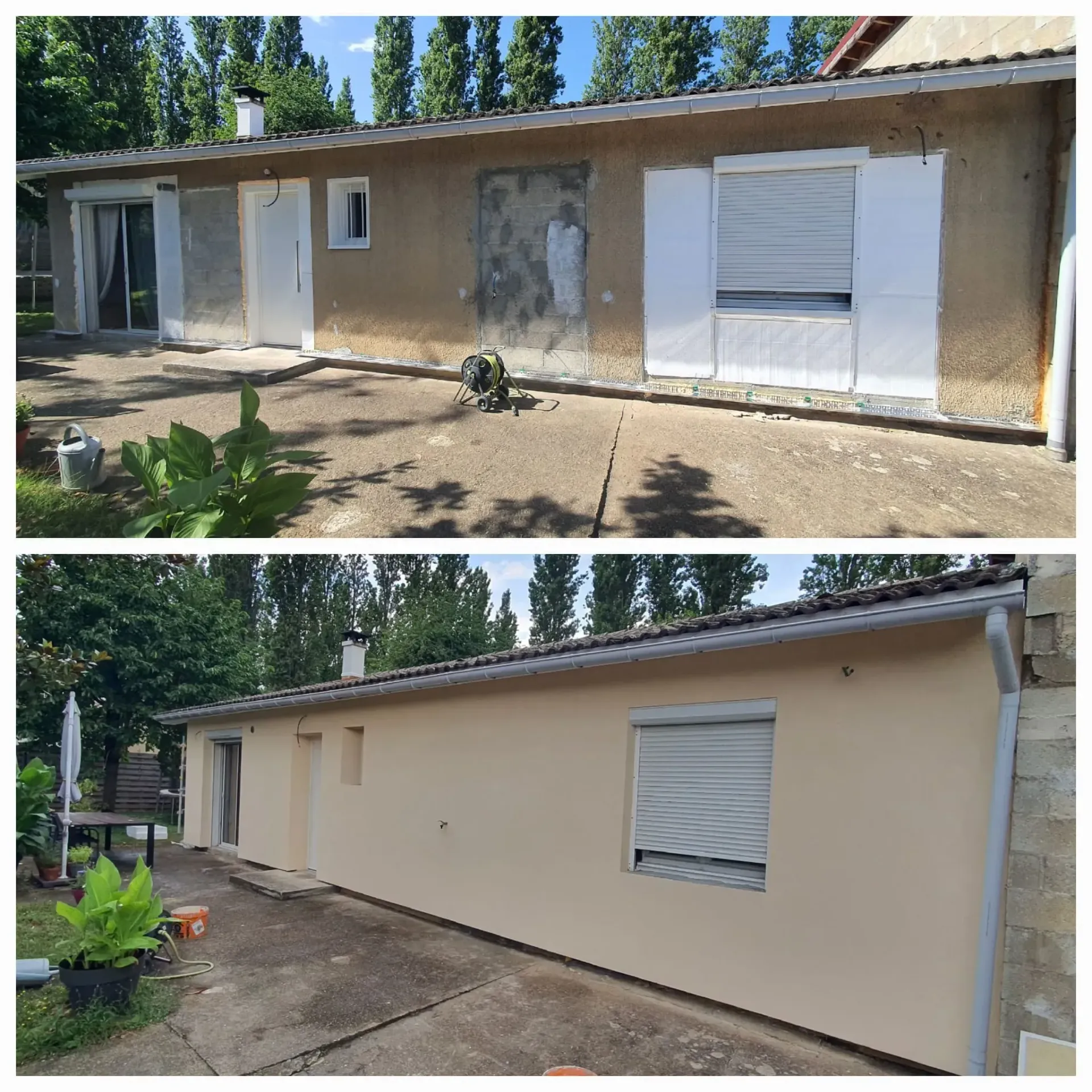 Vue avant/après de la rénovation extérieure d'une maison de plain-pied, montrant la pose de l'isolation et les travaux de peinture terminés.