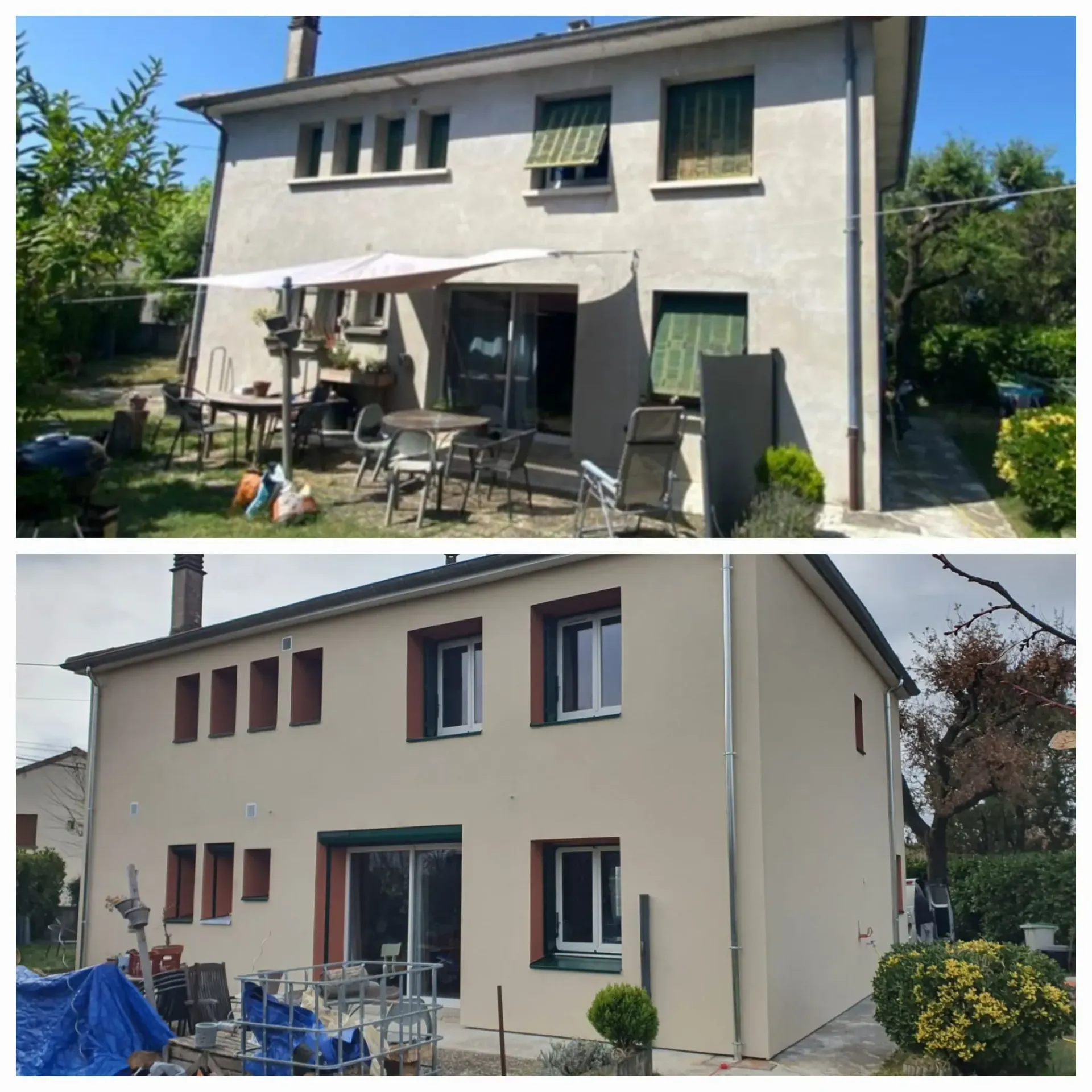 Comparaison avant et après travaux de rénovation de l'extérieur d'une maison montrant de nouveaux murs en stuc beige et des encadrements de fenêtres à cadre foncé.