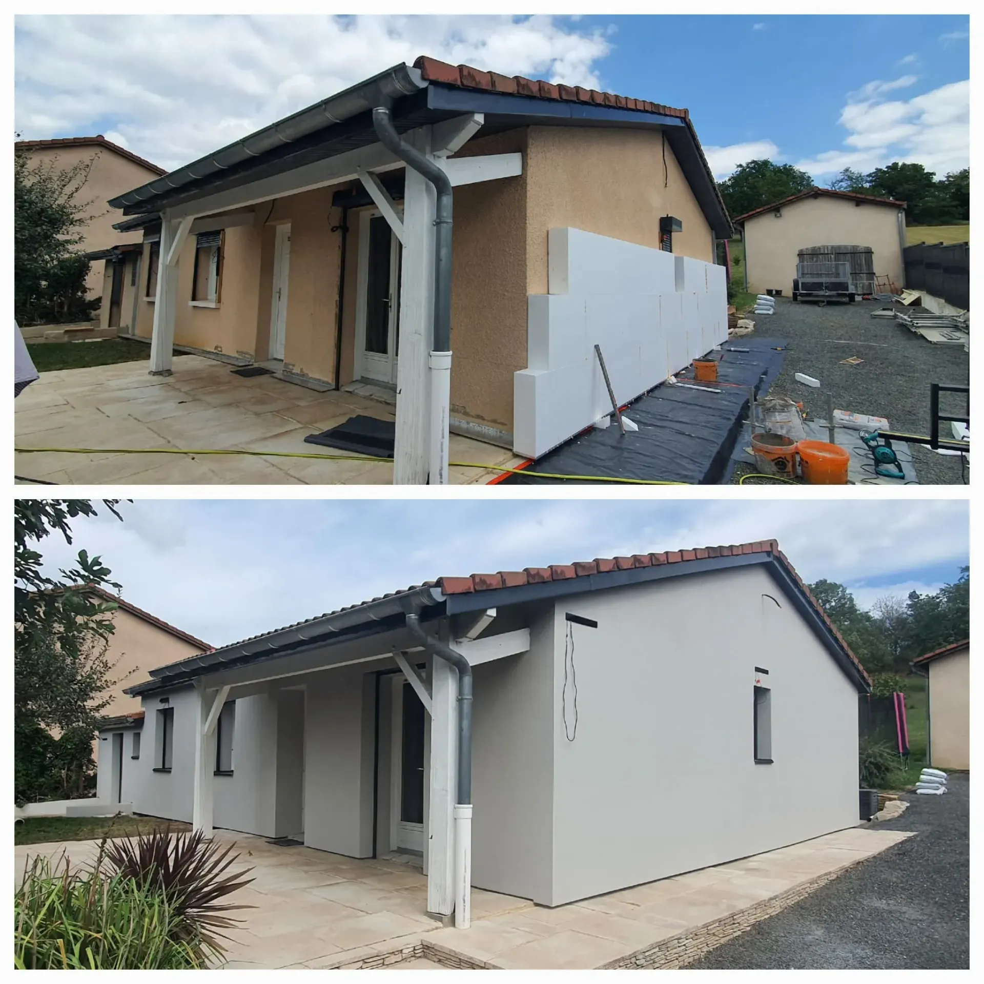 Une comparaison en écran partagé montre l'avant et l'après des travaux d'isolation extérieure d'une maison, illustrant un mur beige qui devient gris.