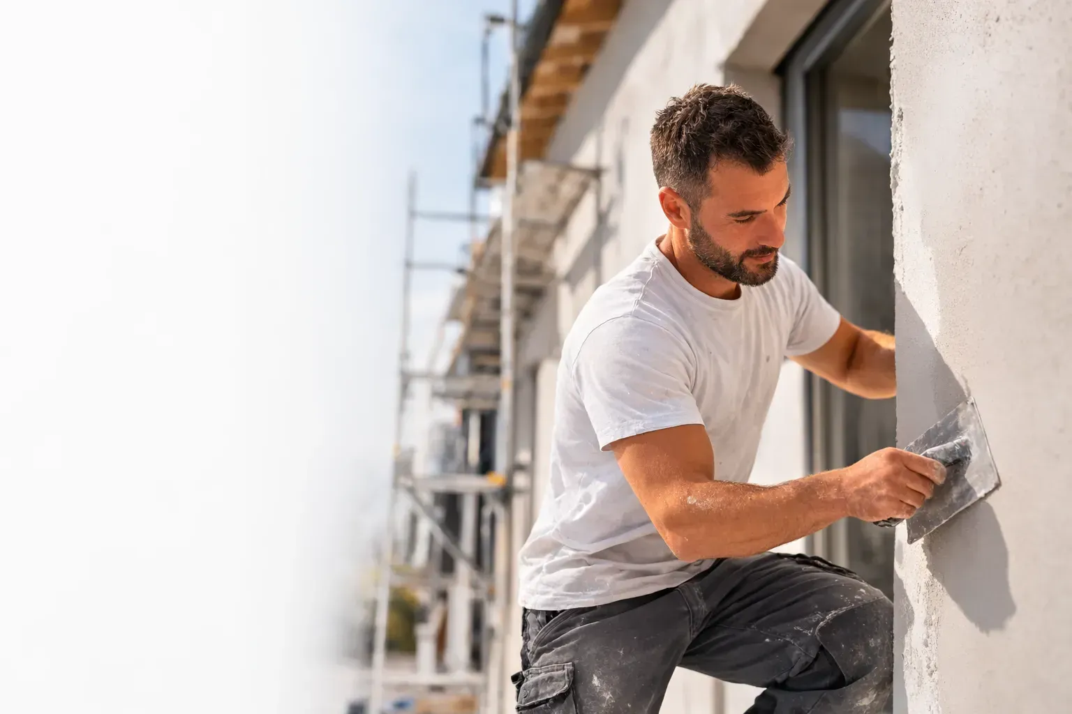 Un ouvrier du bâtiment en t-shirt blanc utilise une truelle pour appliquer du plâtre sur un mur extérieur d'un chantier.
représentant le travaille d'u façadier