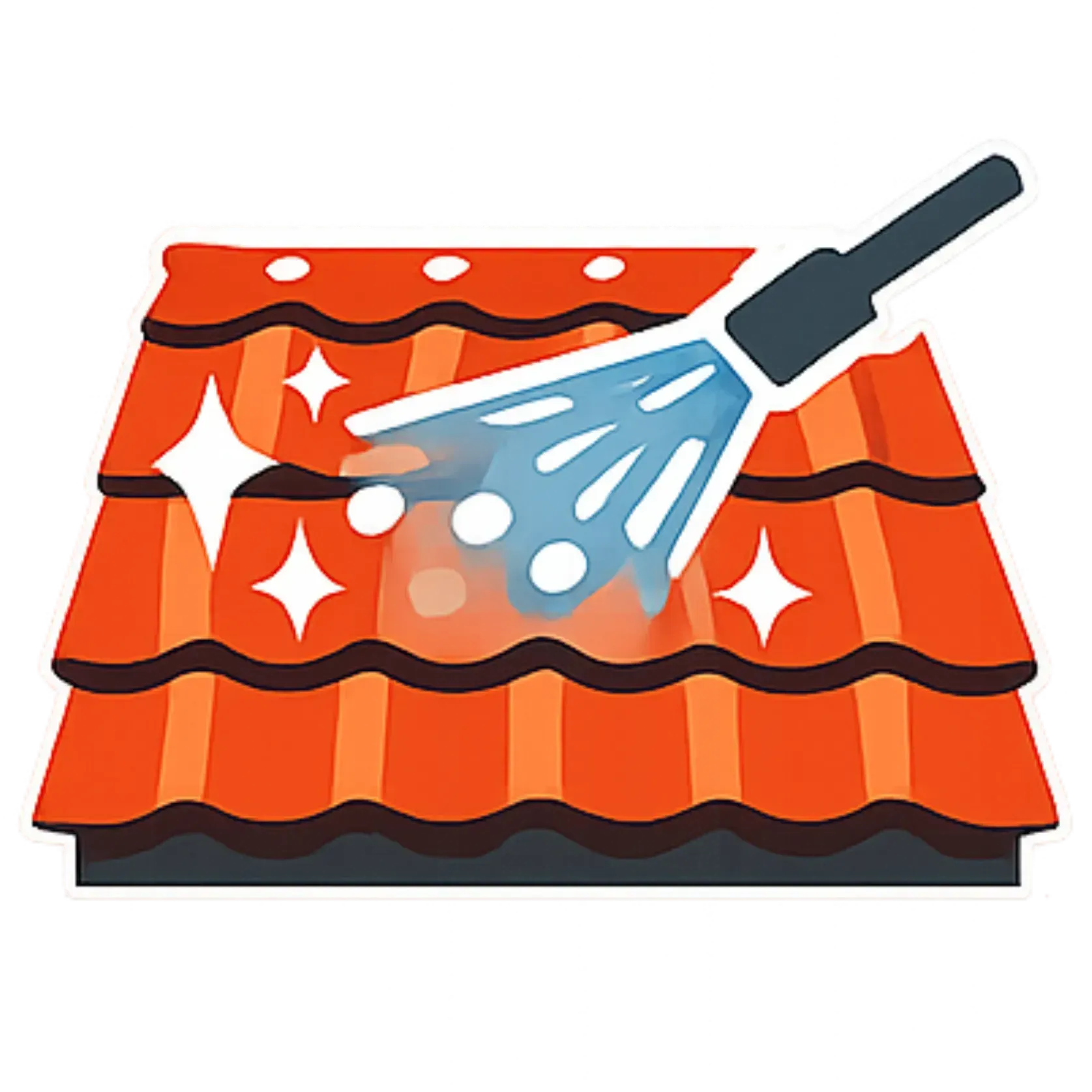 Un outil projette de l'eau sur un toit de tuiles rouges, des étoiles blanches indiquant une surface propre et étincelante.