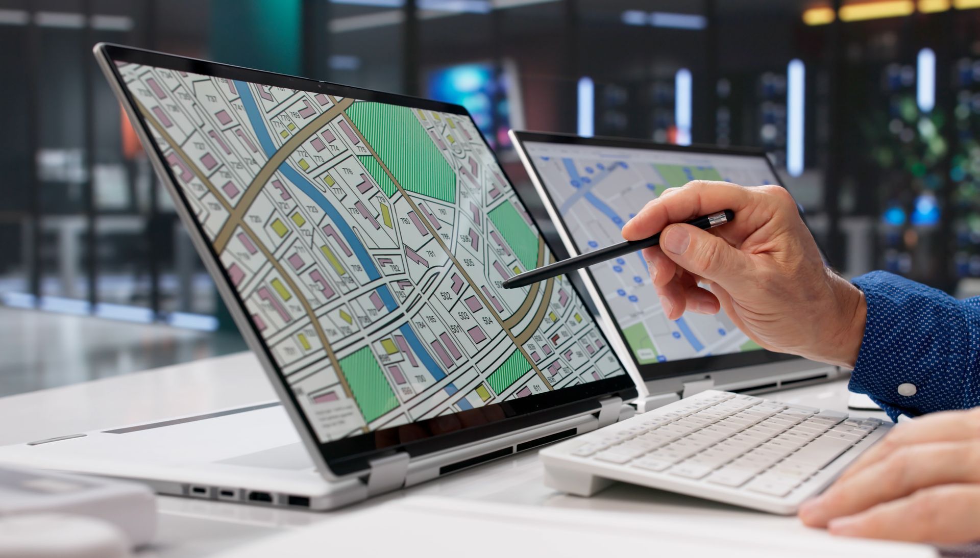 A close-up of a planner using mapping technology for a town development.