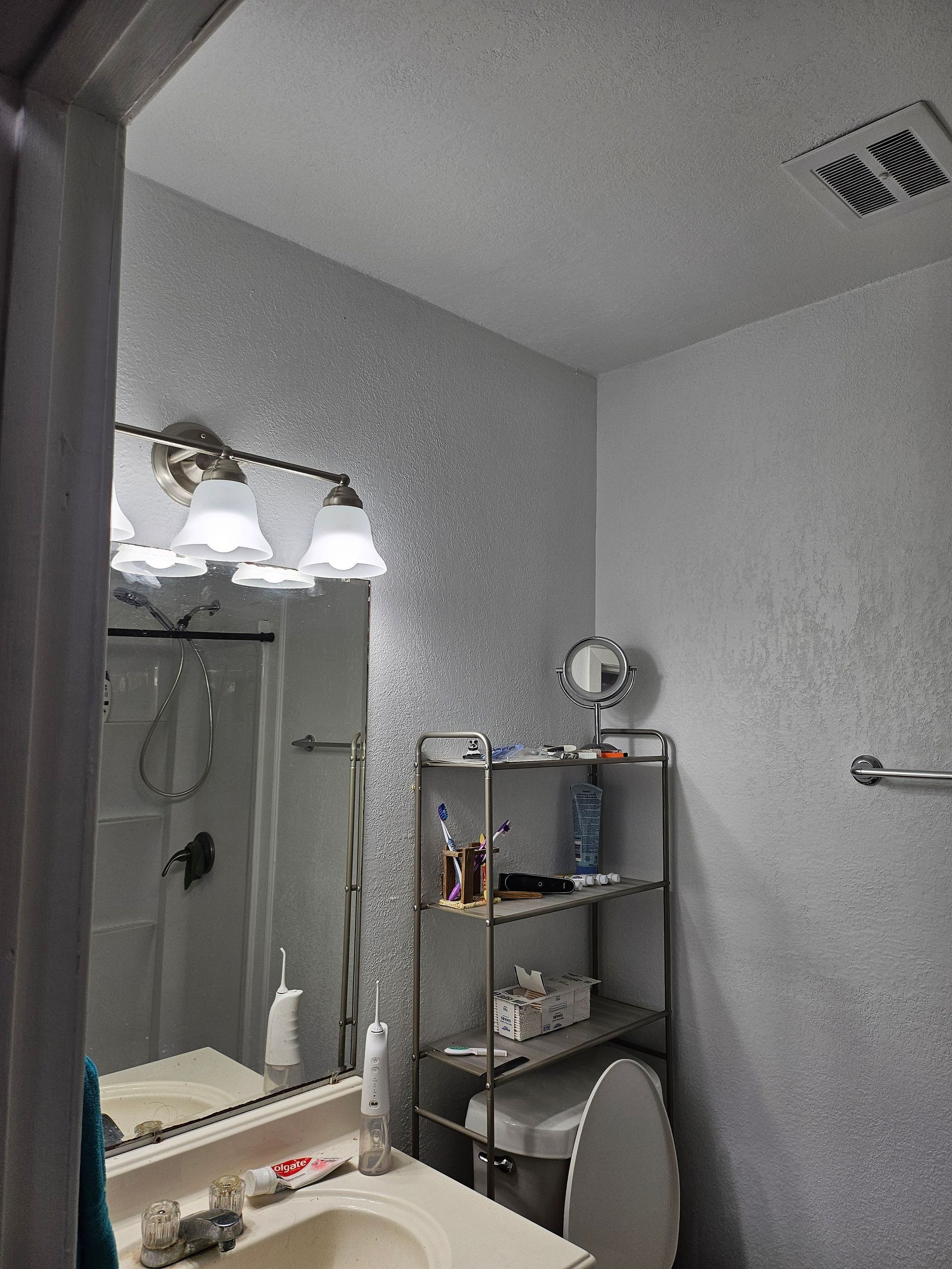 Small bathroom with a sparkly silver textured wall. Includes a mirror, shower, and storage rack.