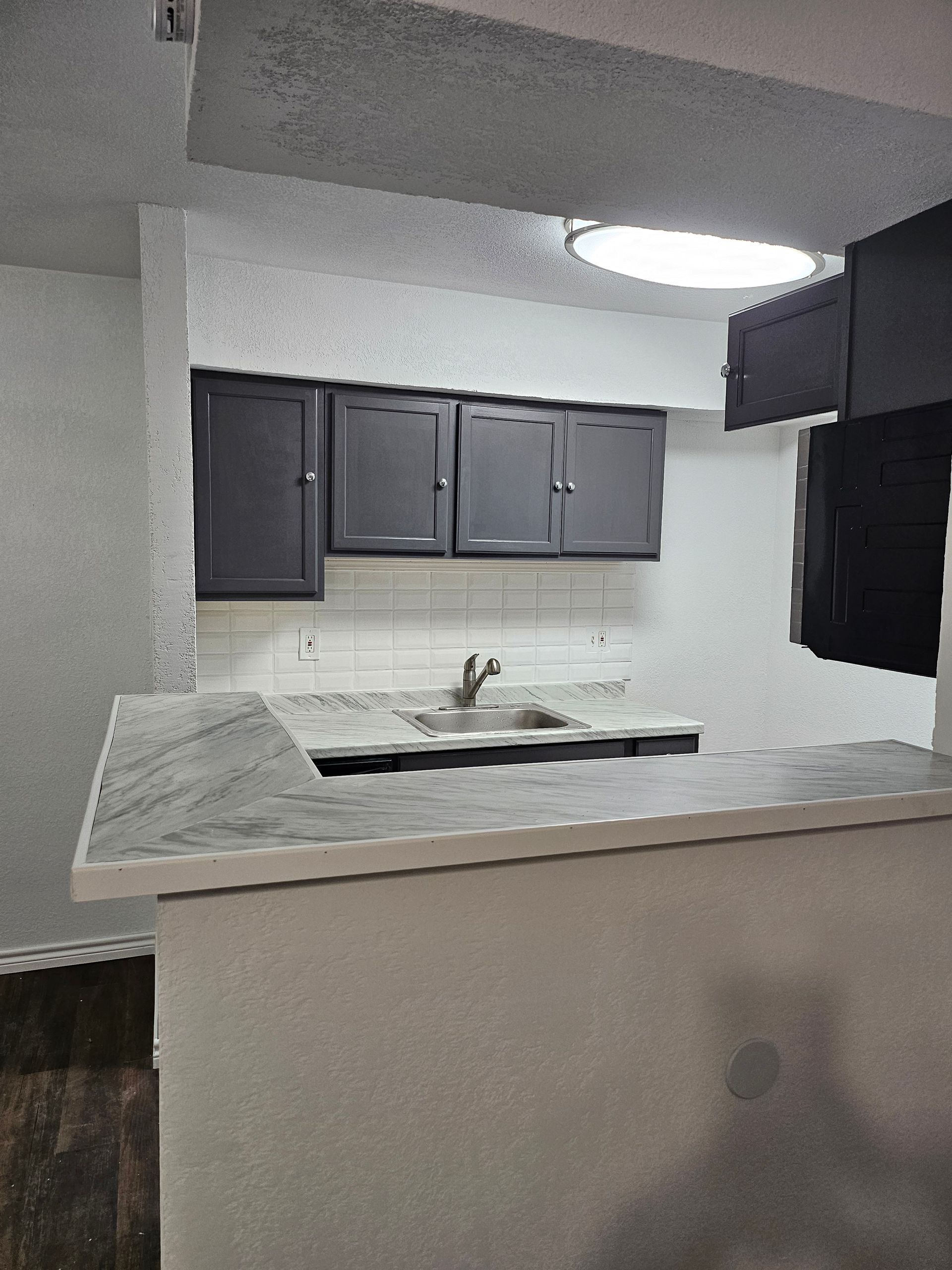 Kitchen with dark cabinets, a sink, and a counter with a light above.