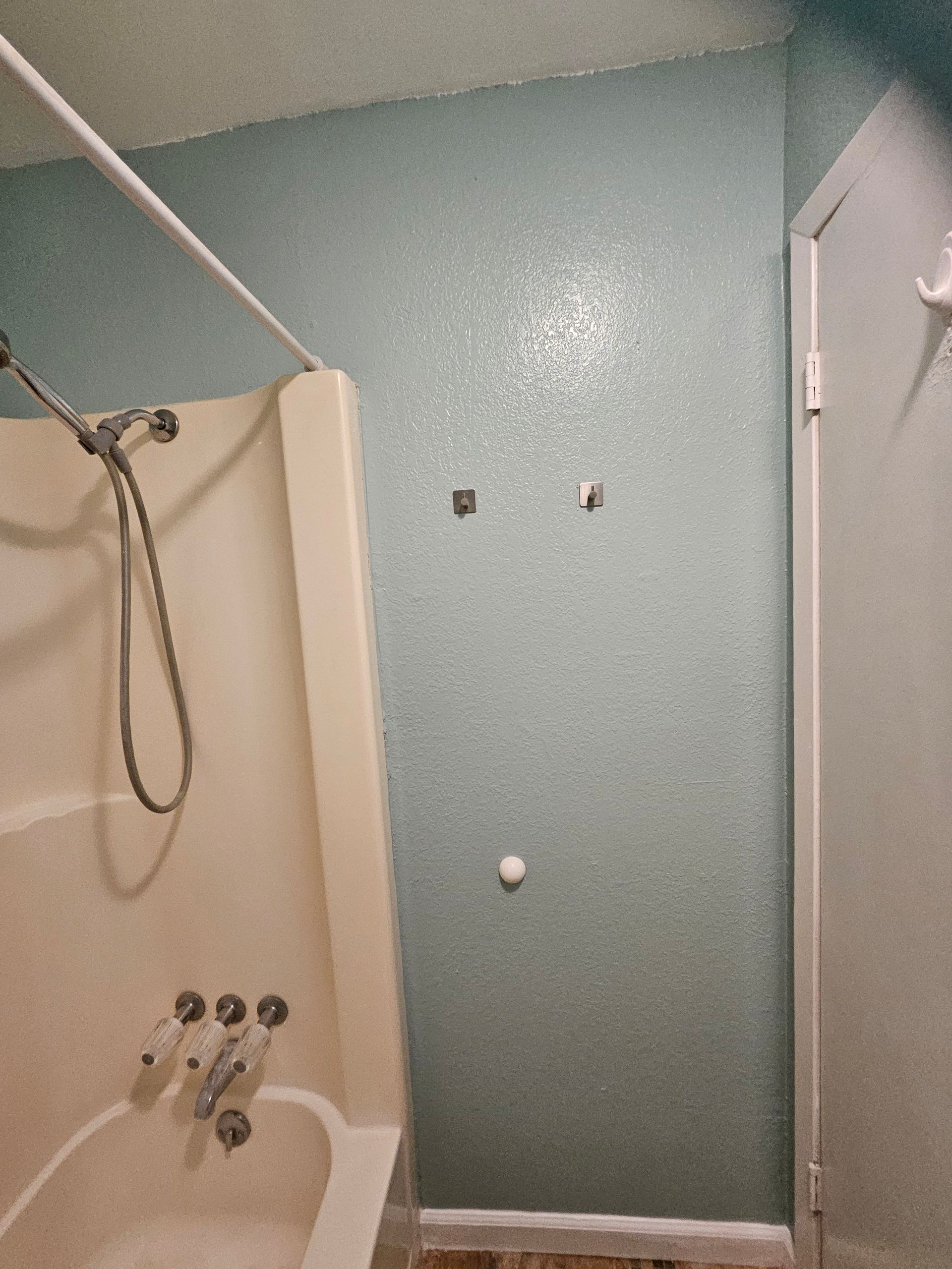 Bathroom with an off-white shower and a light blue wall. A white door is on the right.