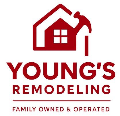 Red logo: house icon with a hammer, "Young's Remodeling" text, and "Family Owned & Operated" text.