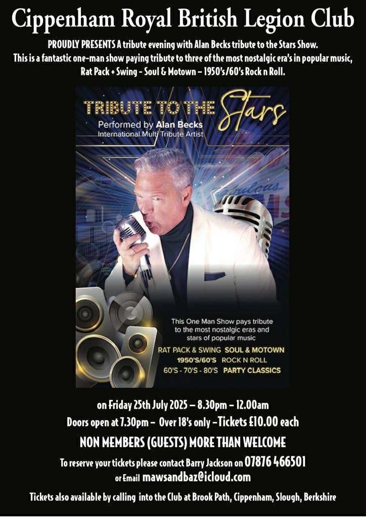 Tribute Night TRIBUTE NIGHT - ALAN BECKS SWING, SOUL & 50'S/60'S - TICKETS £10 at The Cippenham Royal British Legion Club Friday 25th July
