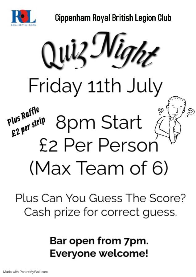 Quiz Night Friday 11th July 8pm Start