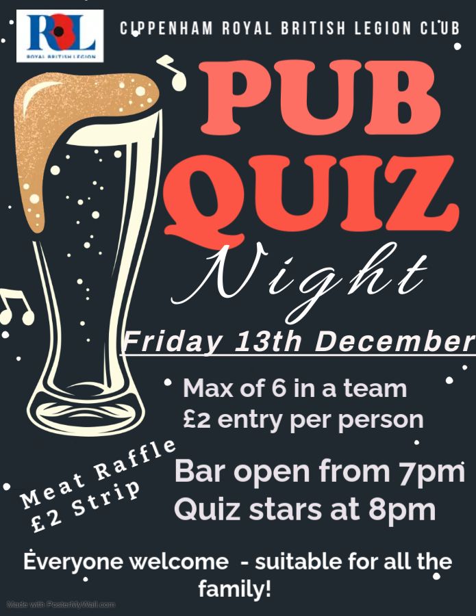 Friday 13th December Pub Quiz Night at the CRBLC