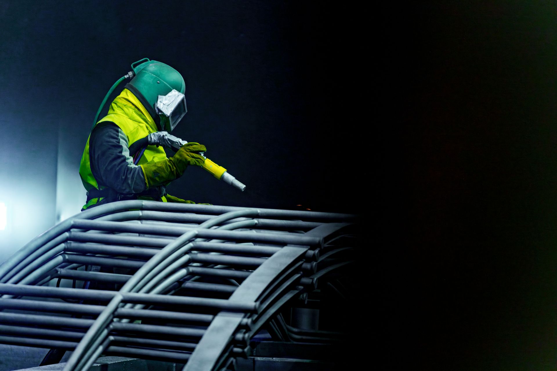 Factory worker sandblasting industrial equipment