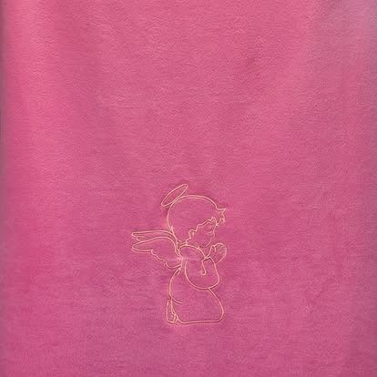 A pink blanket with a drawing of an angel on it.