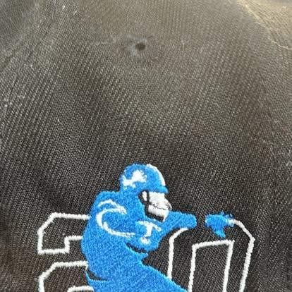 A close up of a hat with a football player on it.