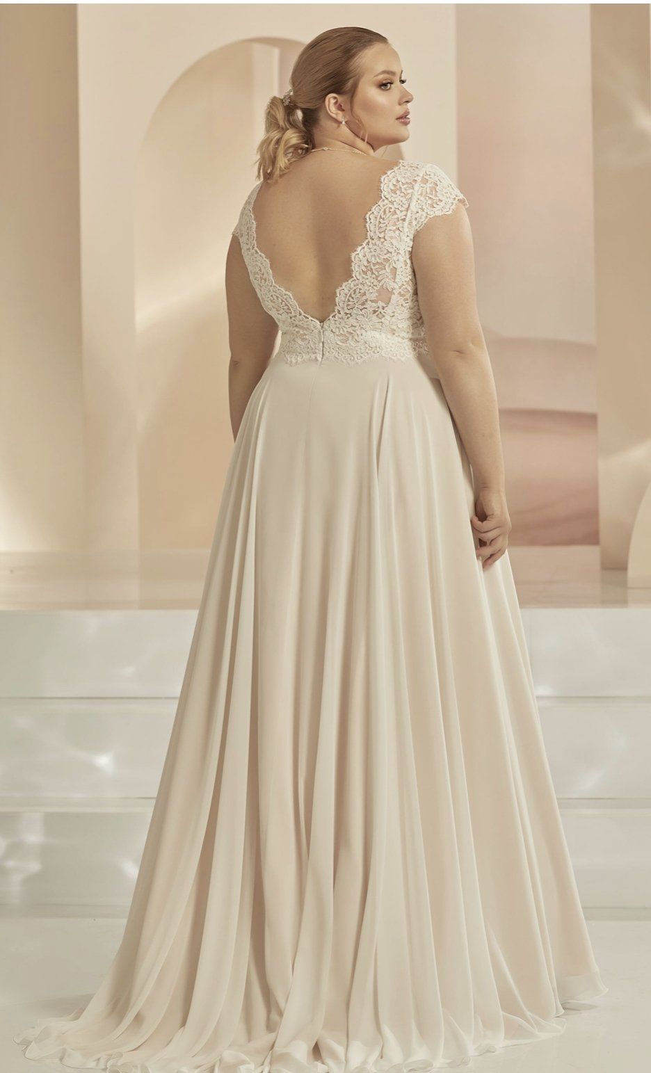 Die Rückseite eines Übergrößen-Brautkleides mit V-Ausschnitt und kurzen Ärmeln.