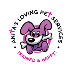 Purple cartoon puppy logo with bone, reading “Ainta’s Loving Pet Services” and “Trained & Happy!”