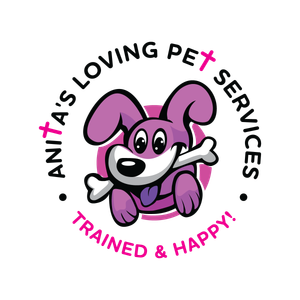 Purple cartoon puppy logo with bone, reading “Ainta’s Loving Pet Services” and “Trained & Happy!”