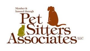 Pet Sitters Associates LLC logo with brown text and dog and paw print graphic