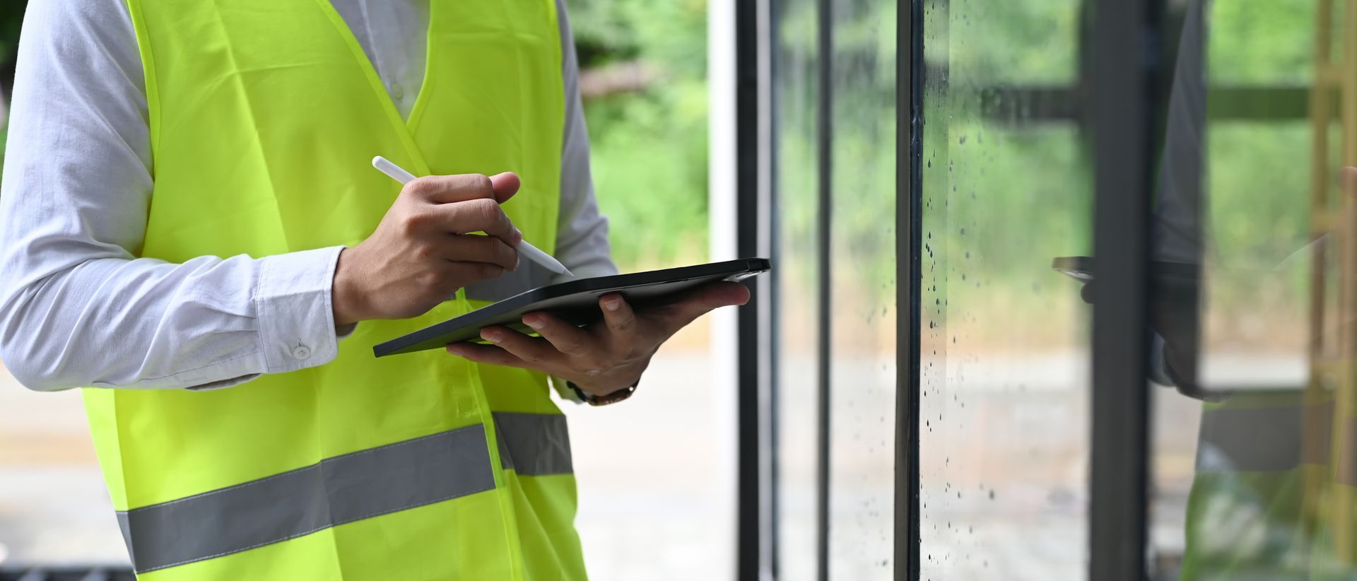 A man in a yellow vest is writing on a clipboard.