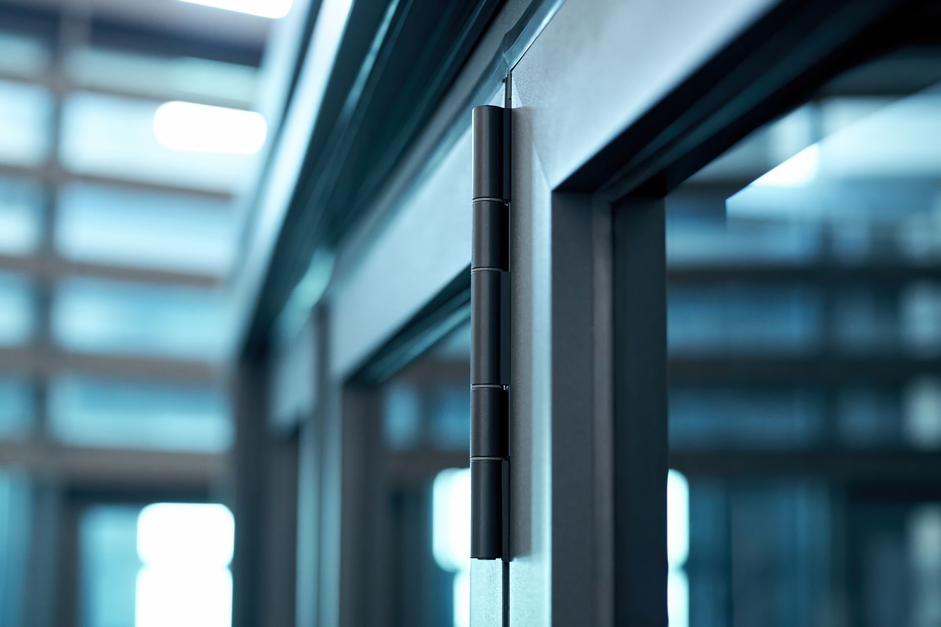 A close up of a door hinge on a glass door.