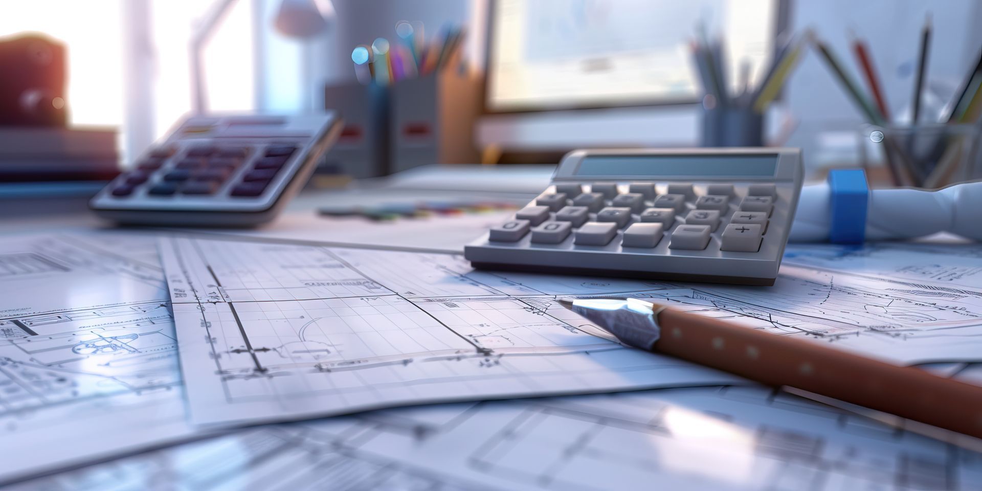 A calculator , pencil , pen and blueprints are on a desk.