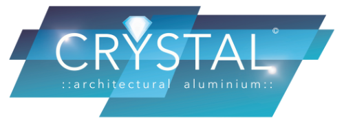 A blue and white logo for crystal architectural aluminium