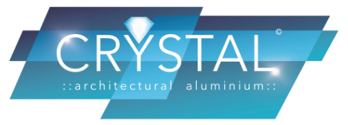 A blue and white logo for crystal architectural aluminium