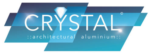 A blue and white logo for crystal architectural aluminium