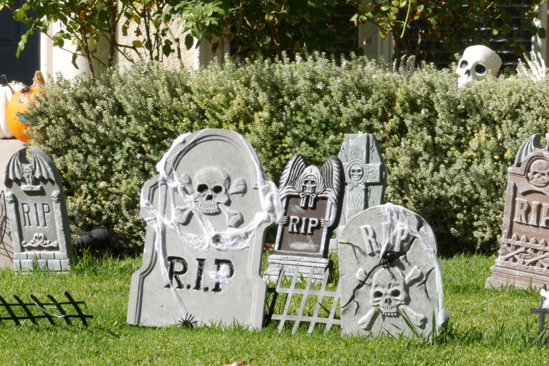 Halloween tombstones on Florida front lawn