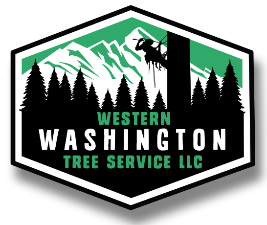 A logo for a tree service company with a man climbing a tree.