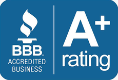 A blue sign that says bbb accredited business and a+ rating