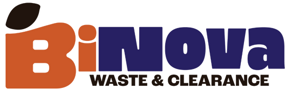 Logo for Binova Waste & Clearance with an orange stylized pear shape and dark blue text.
