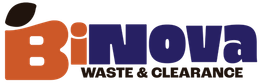 Logo for Binova Waste & Clearance with an orange stylized pear shape and dark blue text.