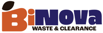 Logo for Binova Waste & Clearance with an orange stylized pear shape and dark blue text.