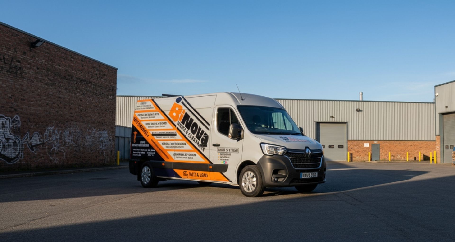 White van with orange and black company branding parked in an industrial area.