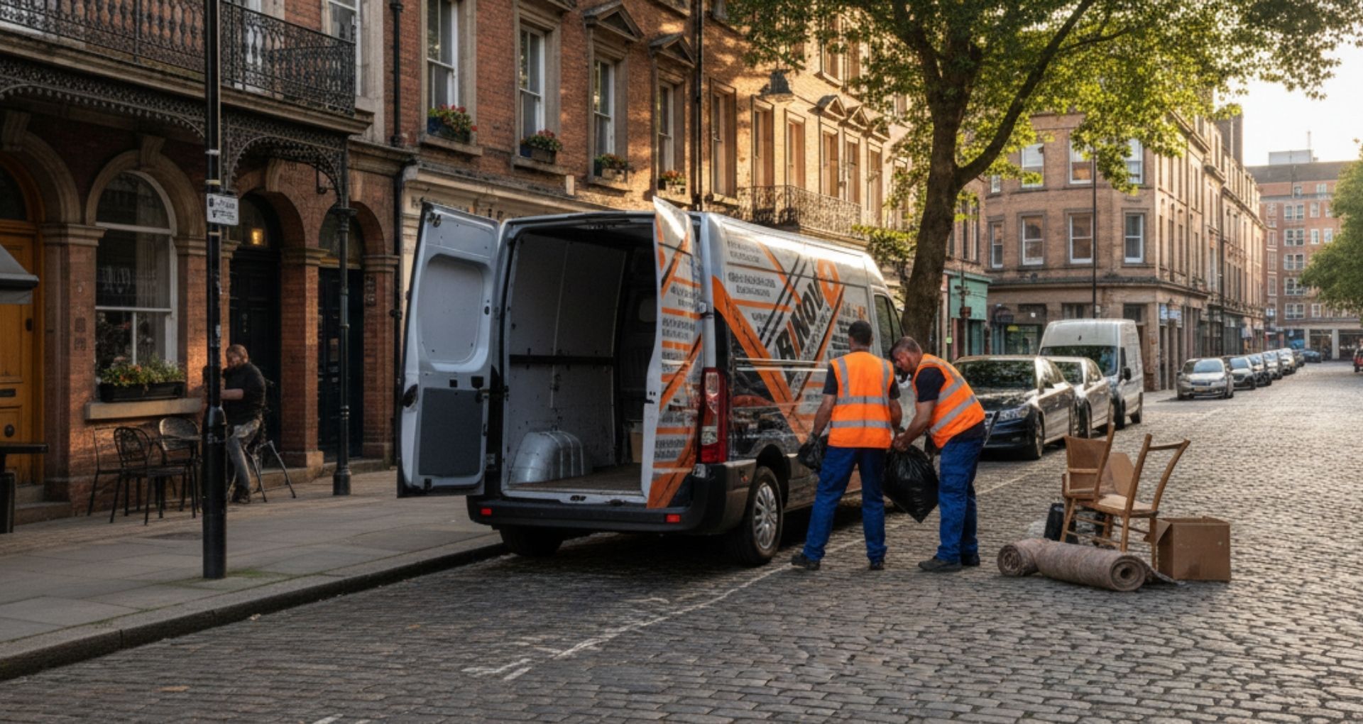 Two workers loading a van parked on a cobblestone street.