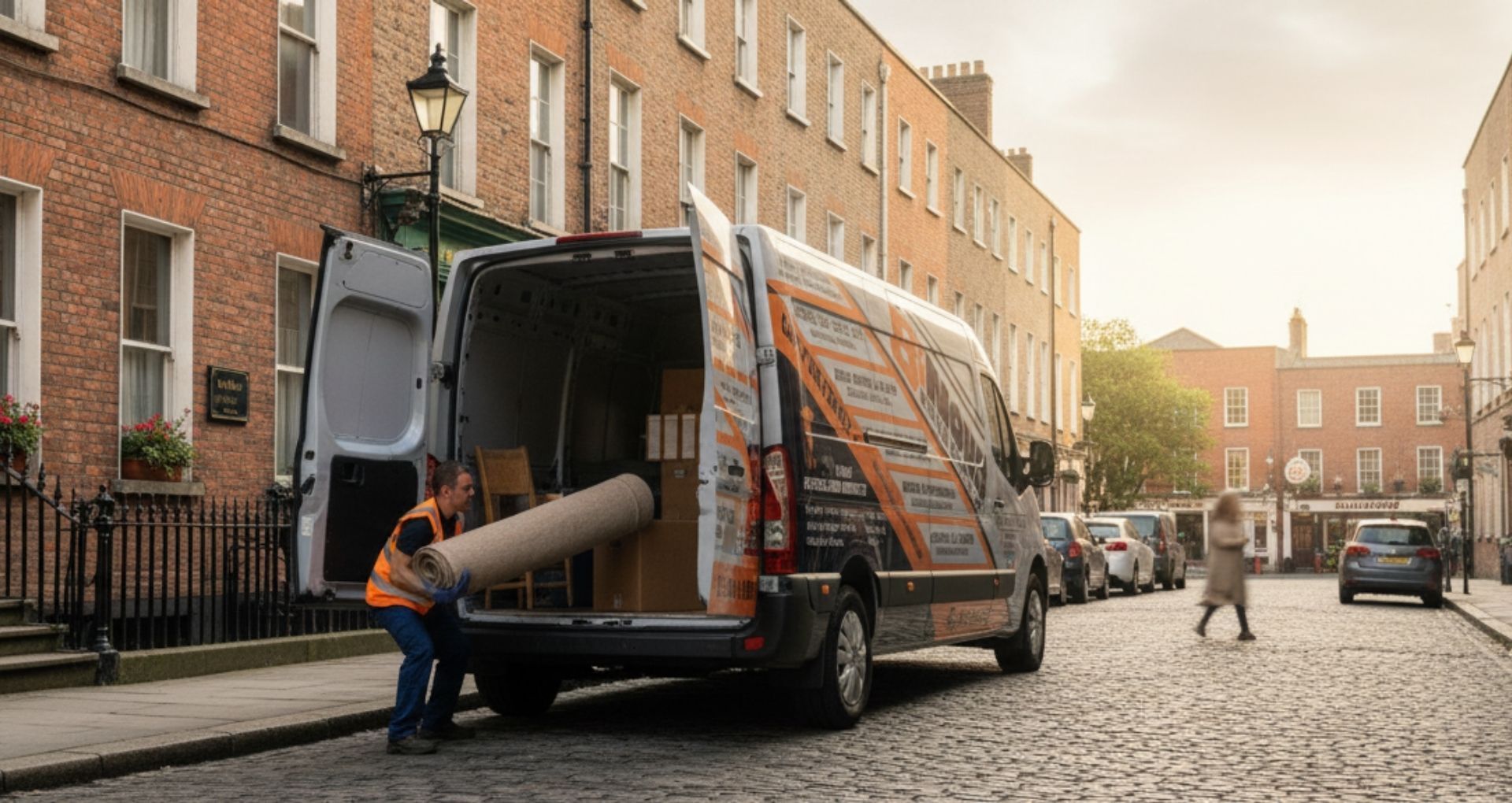 A person loading a large rolled rug into a delivery van parked on a cobblestone street.
