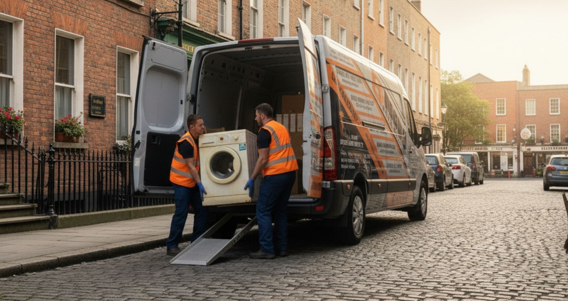 Two movers loading a washing machine into a van on a cobblestone street.
