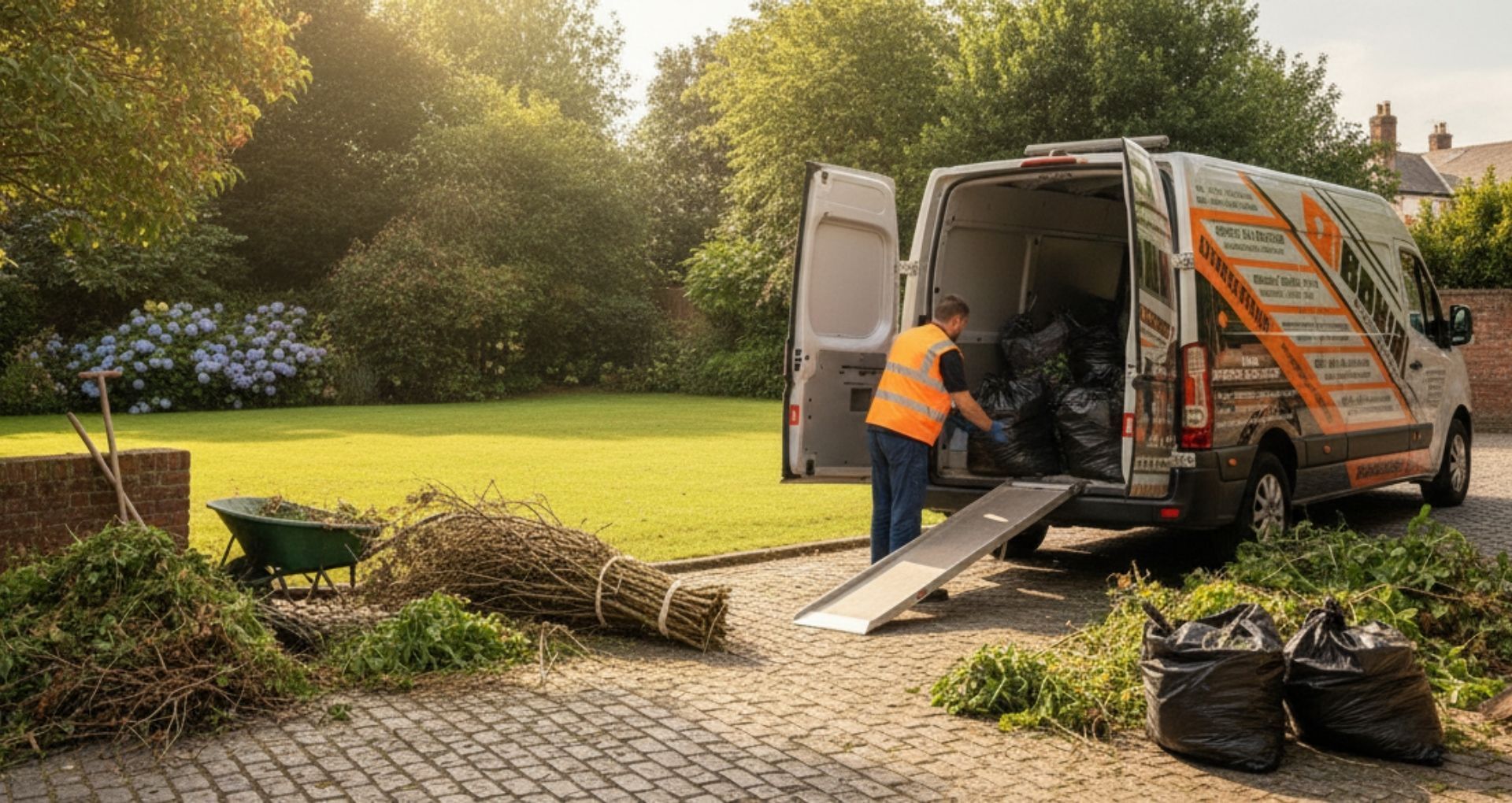 Man loading black bags of yard waste into a van with a ramp. Green lawn and trees.