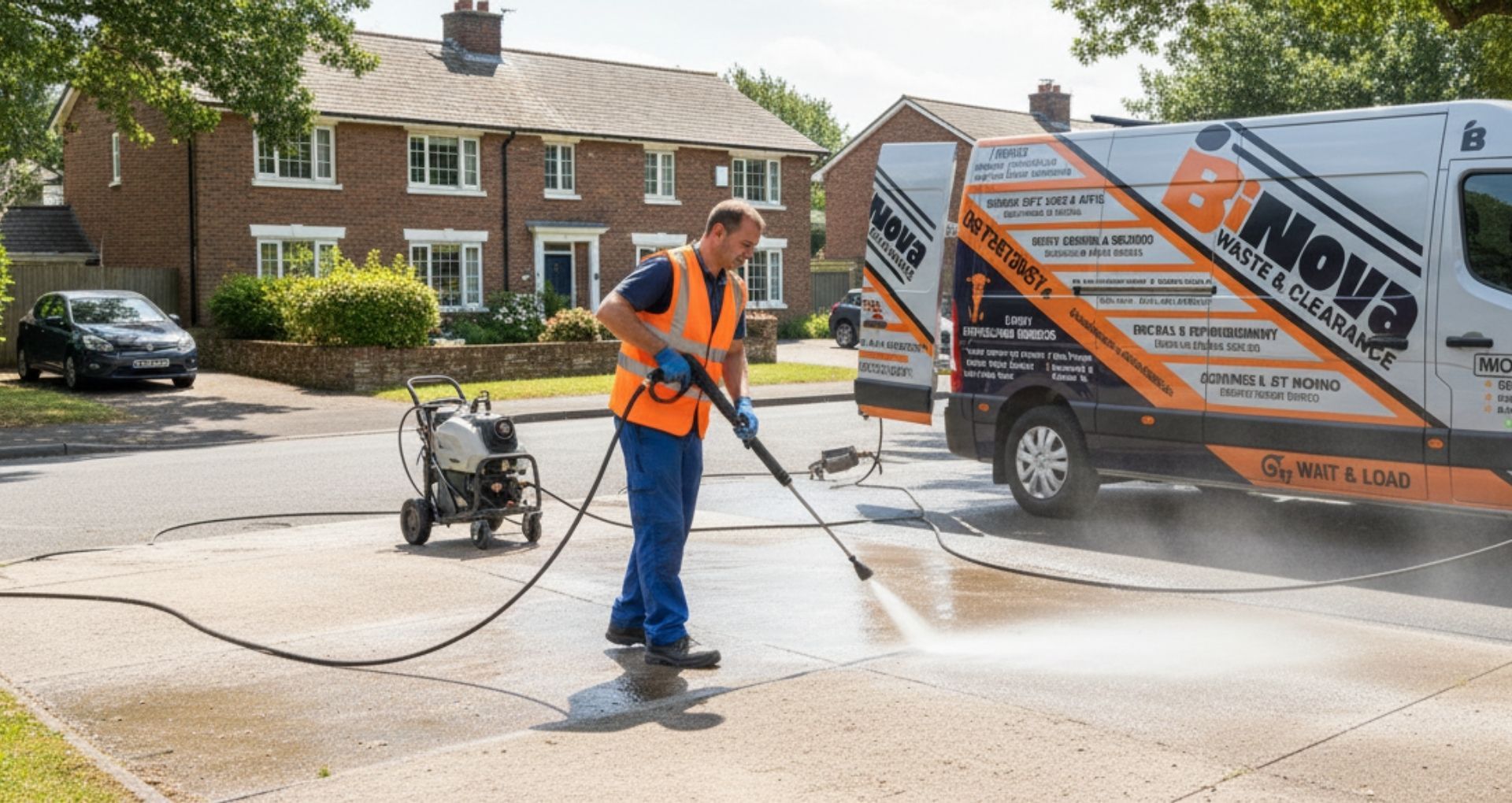 Man in orange vest power washing a driveway next to a parked work van; residential area.