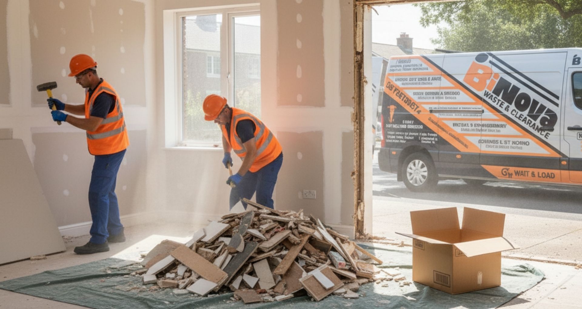 Two workers in orange vests and hard hats demolishing a room, debris pile, Nova van outside.
