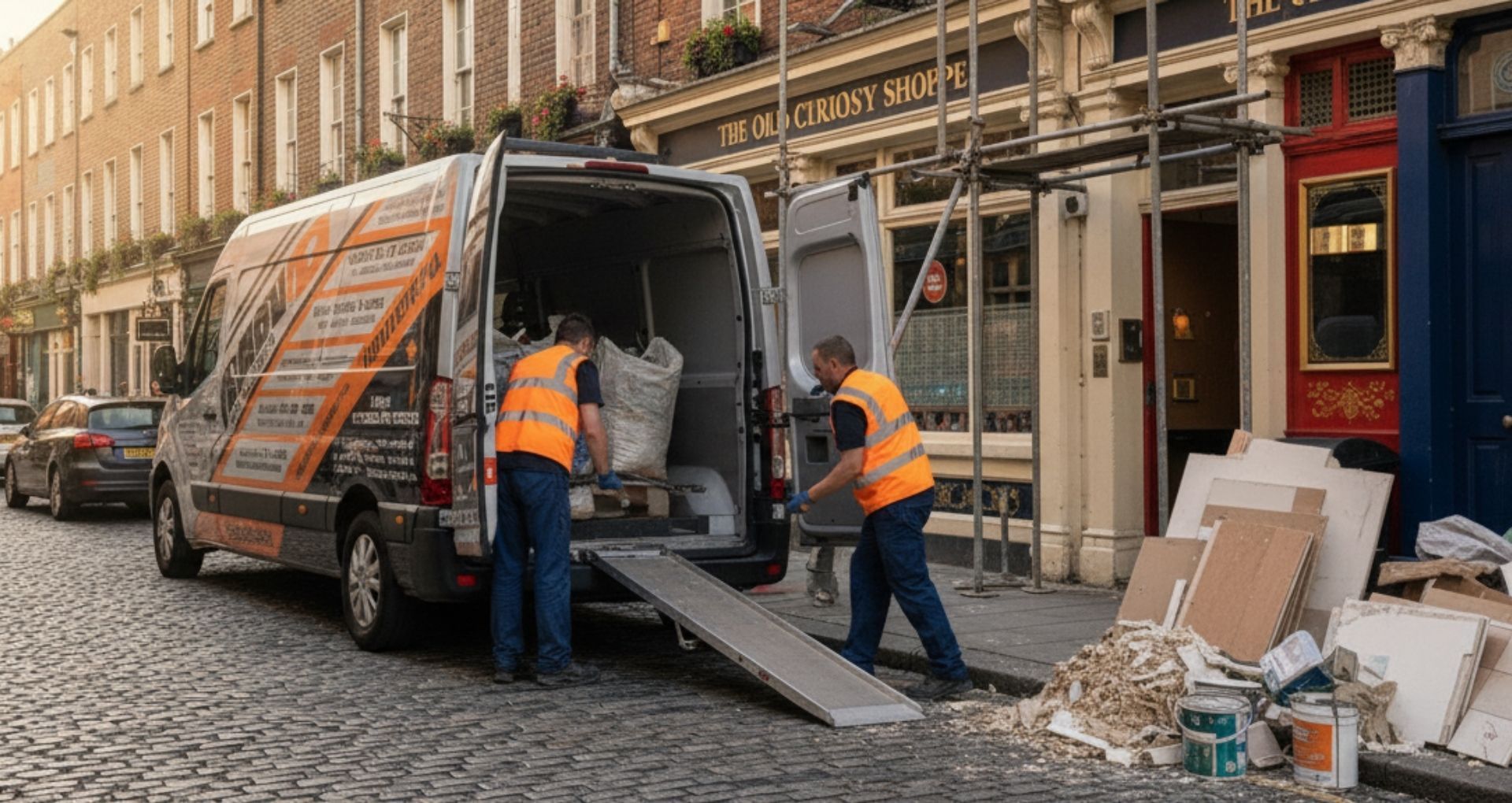 Two workers loading a van with construction debris near a building with scaffolding.