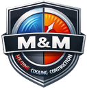 Logo for M&M Heating, Cooling & Construction with a split blue and red gauge emblem inside a grey shield.