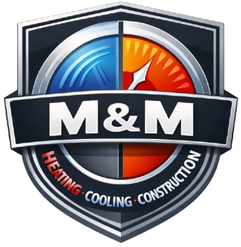 Logo for M&M Heating, Cooling & Construction with a split blue and red gauge emblem inside a grey shield.